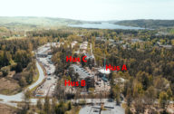 Översiktsbild Fristad Prästskog där Hus A, Hus B och Hus C är markerade.
