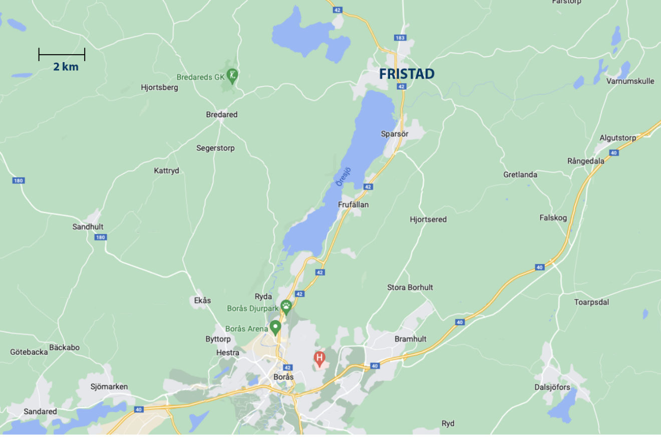 Karta över Borås, Fristad och Öresjö.